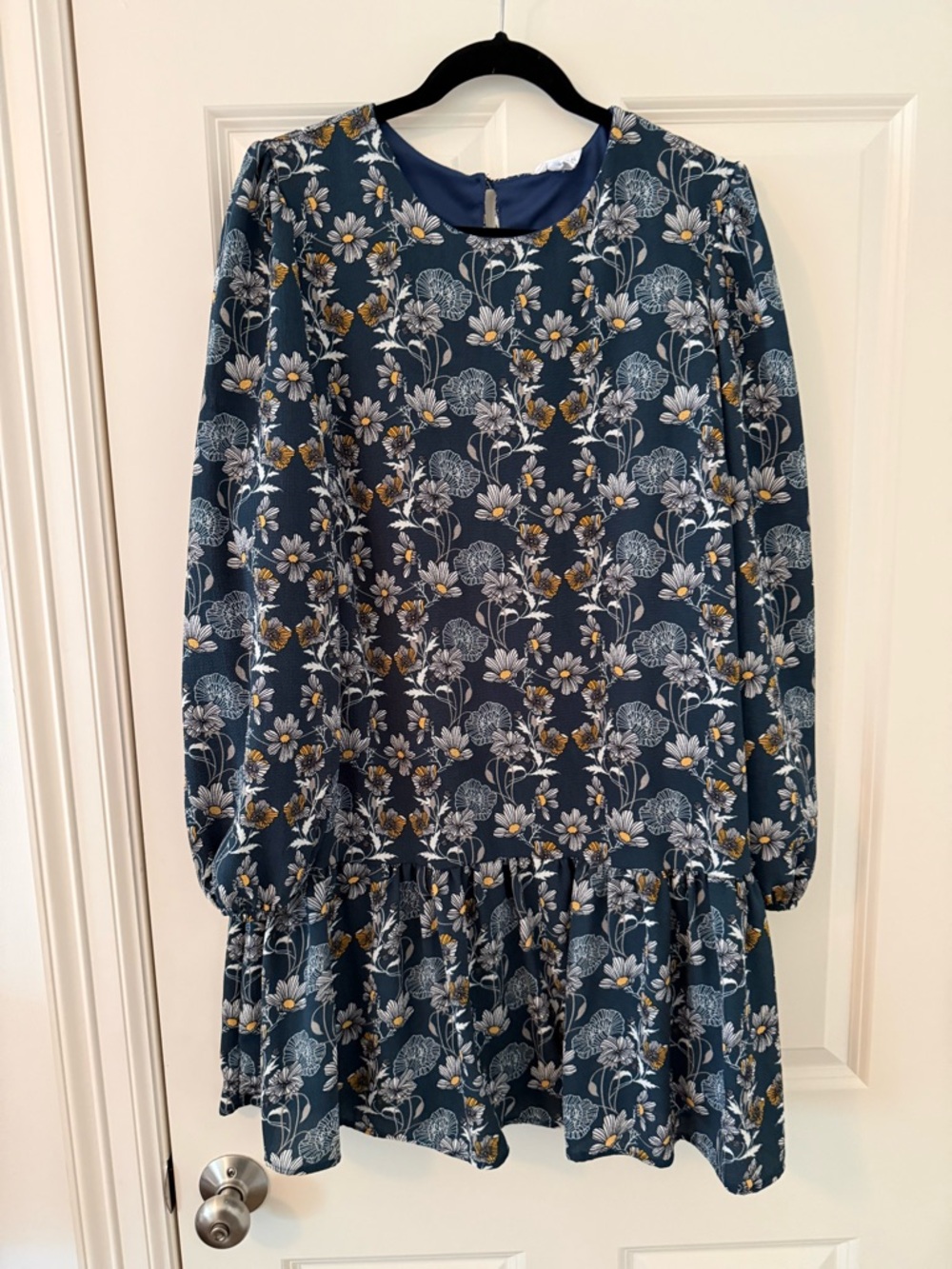 Caslon Dark Green Floral Ruffle-Hem Long Sleeve Dress